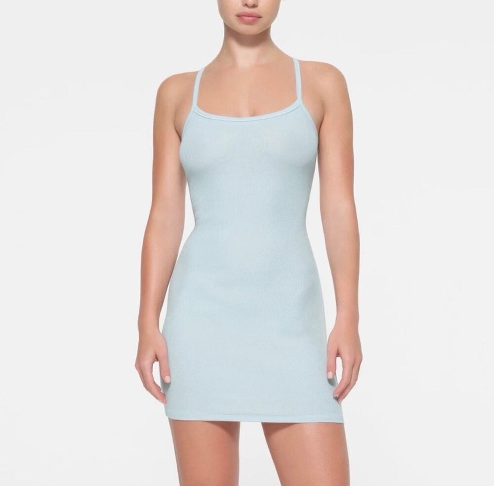 Skims M Baby Pale Blue Ribbed Bodycon Tank Top Dress Cotton Blend EUC Kardashian